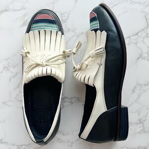 Tory Burch Ruth Kiltie Fringe Tassel Loafers Woven Stripe Preppy Statement Shoes